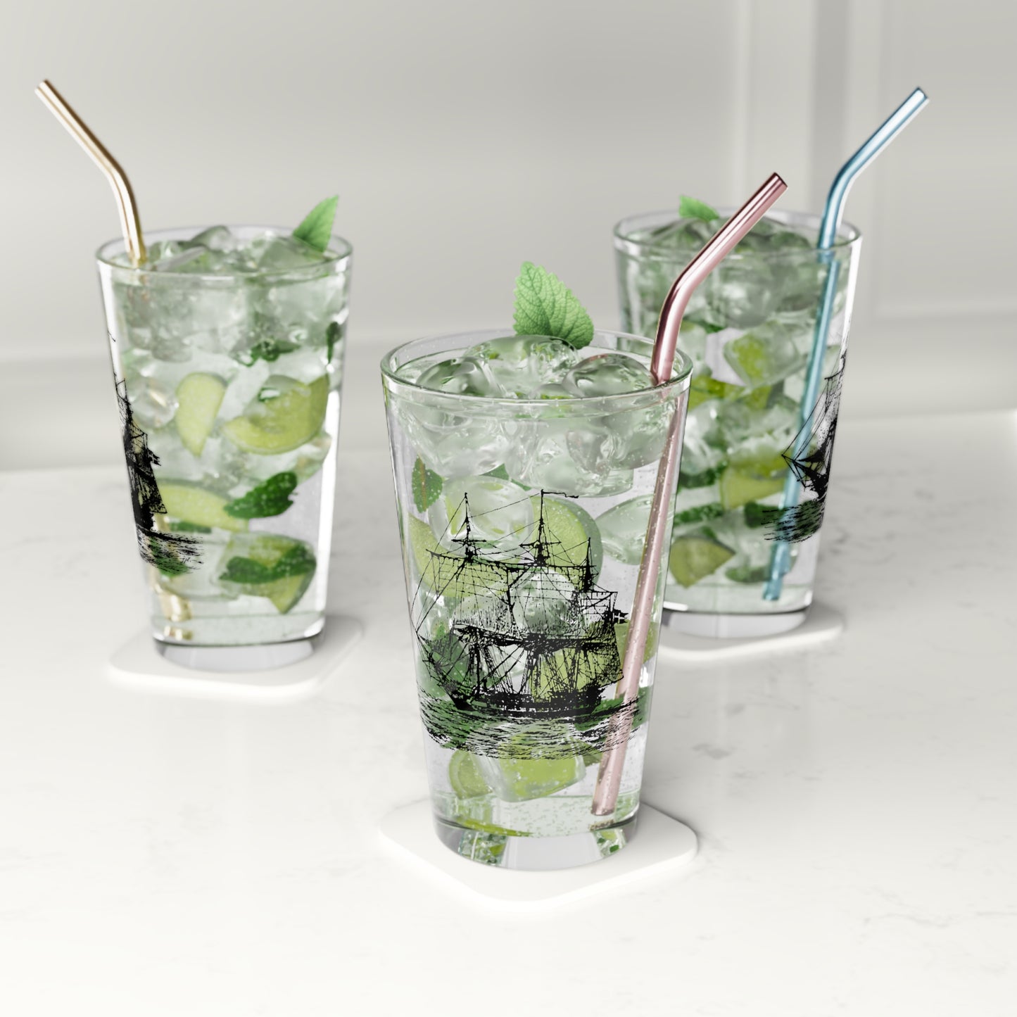 Nautical Sailing Ship Pint Glass — 16oz Beer Glass