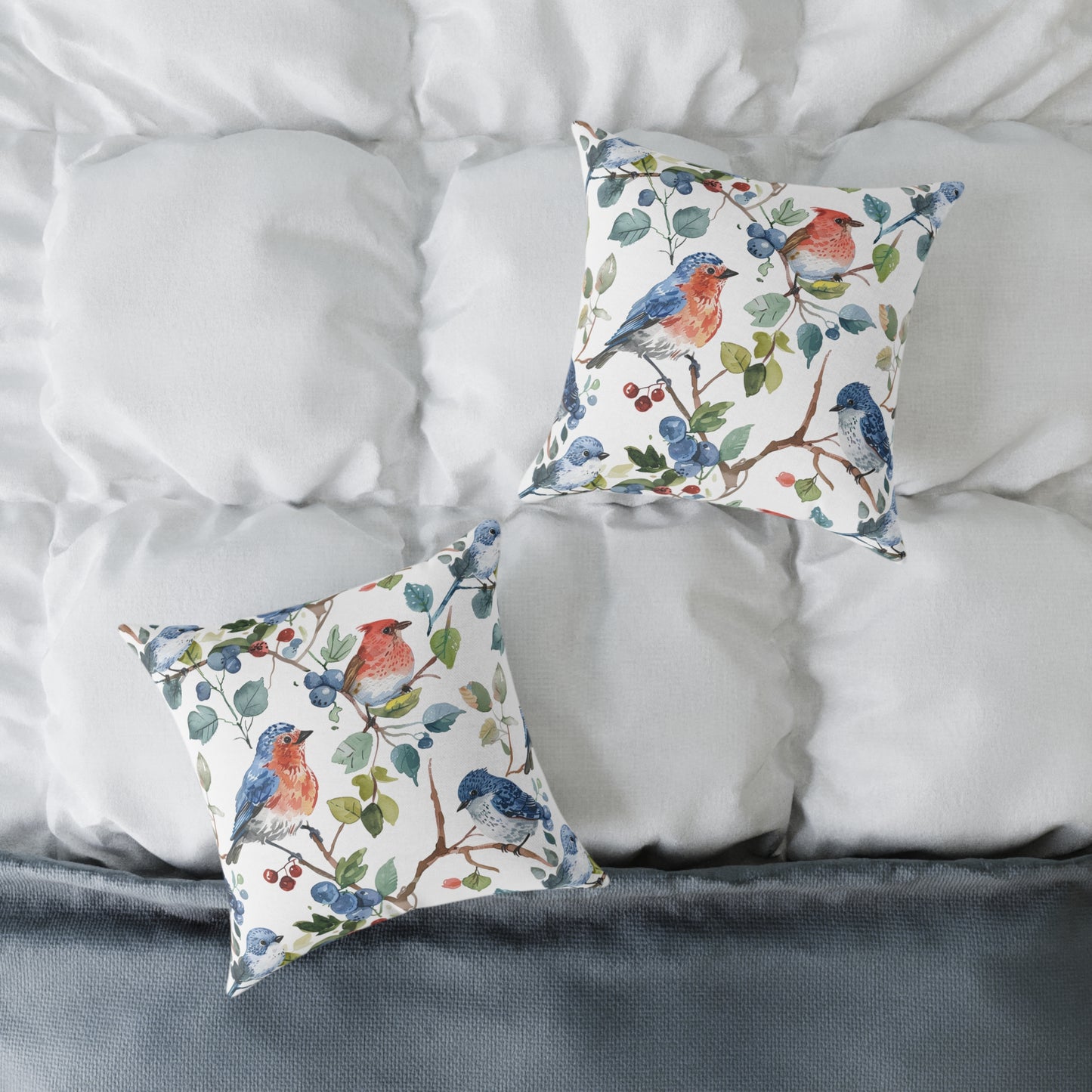 Bird Watercolor Pillow — Blue & Coral Songbirds on Branch Decorative Throw Pillow