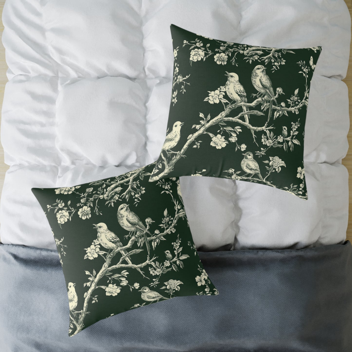 Botanical Bird Throw Pillow — Vintage Floral Branch Accent Cushion