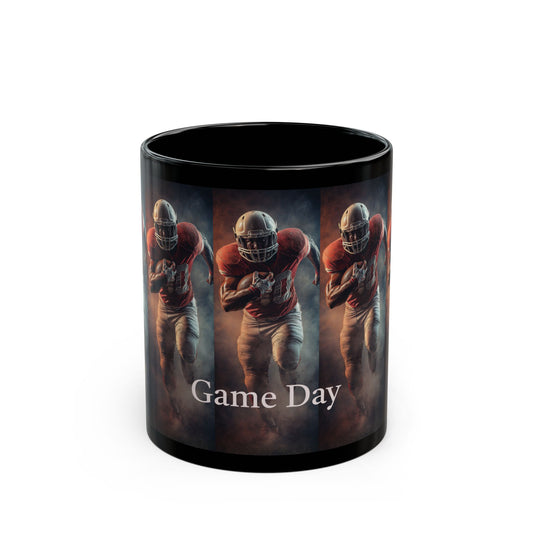 Game Day Football Player Mug — Black Ceramic Sports Coffee Cup (11oz & 15oz)