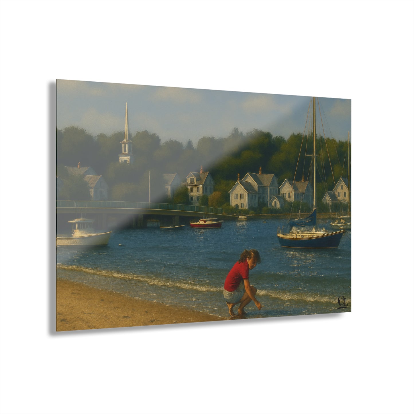 Padanaram Harbor Acrylic Print — Sunlit Beach & Sailboats (French Cleat Hanging)