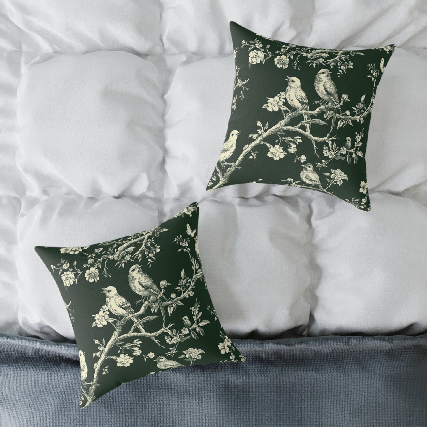 Botanical Bird Throw Pillow — Vintage Floral Branch Accent Cushion