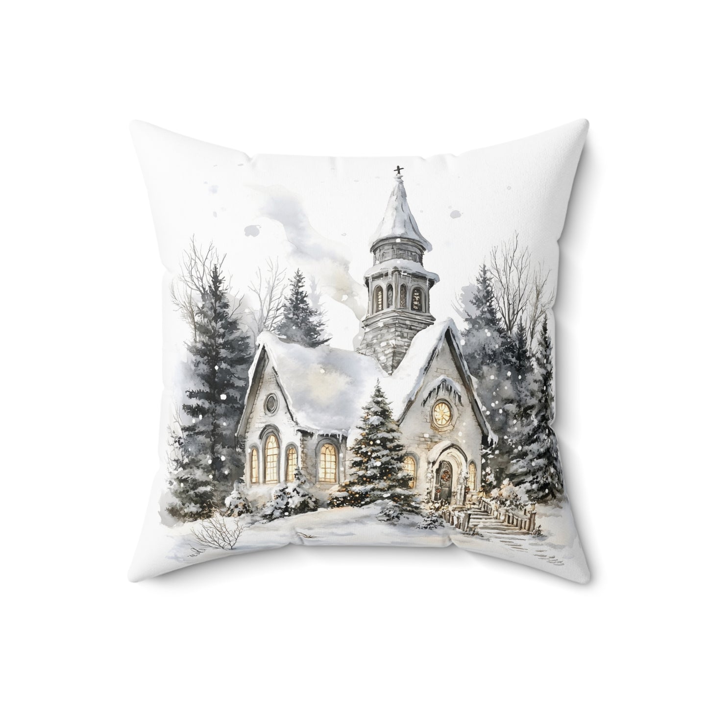 Winter Church Scene Spun Polyester Square Pillow — Cozy Holiday Throw Pillow
