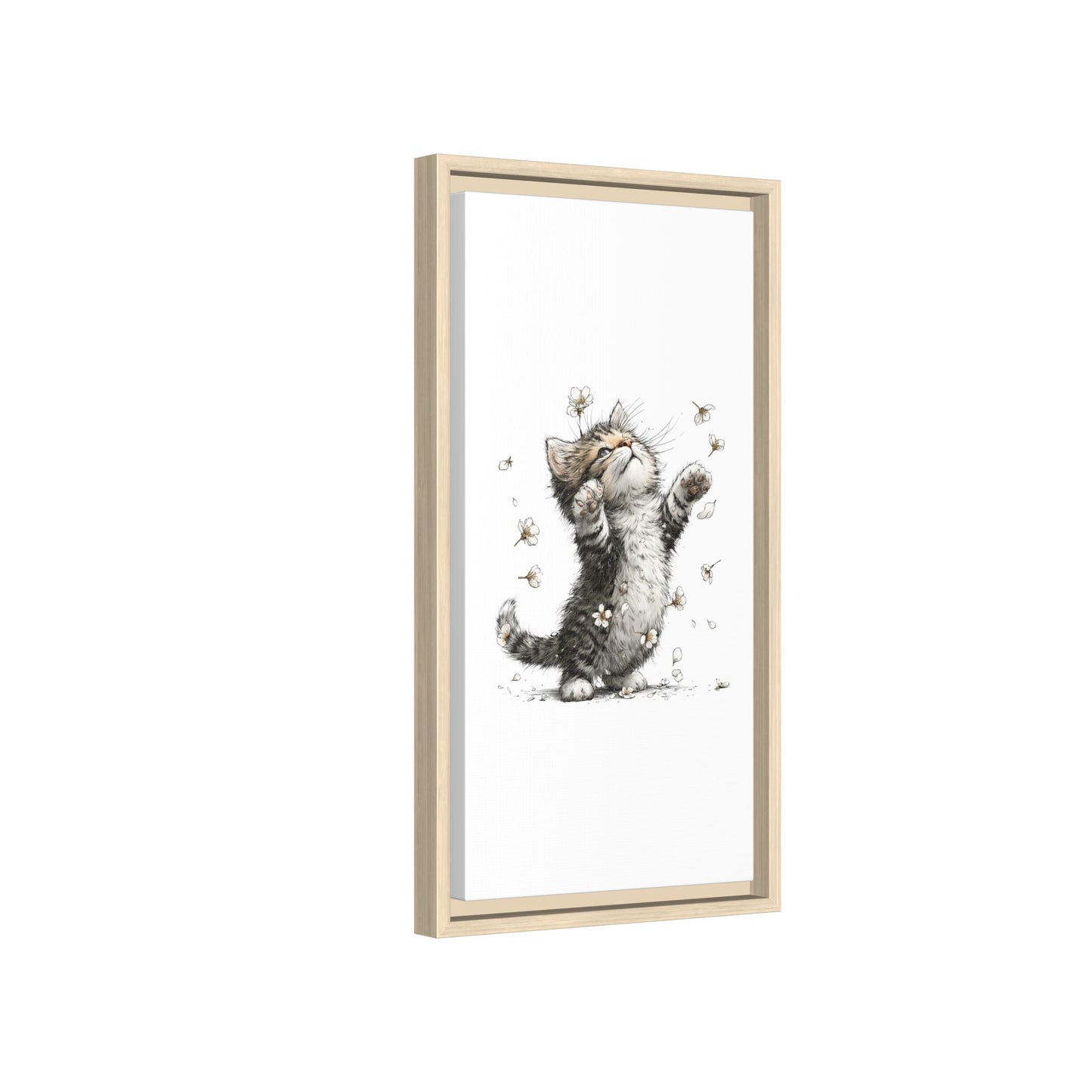 Playful Kitten with Dandelions Matte Canvas Framed Wall Art | Nursery Bedroom Decor
