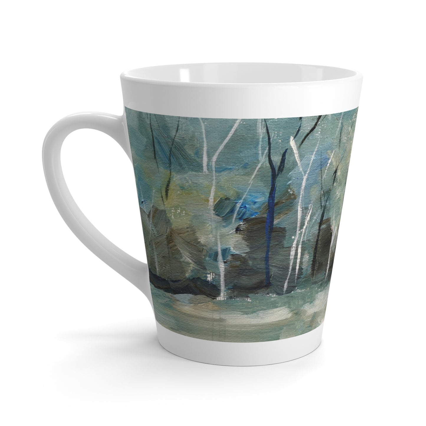 Latte Mug — Tranquil Blue Birch Forest Ceramic Latte Cup