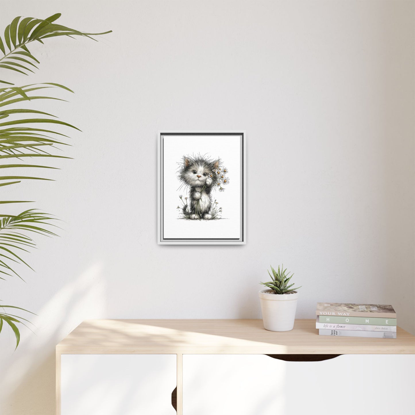 Playful Kitten with Dandelions Matte Canvas Framed Wall Art | Nursery Bedroom Decor