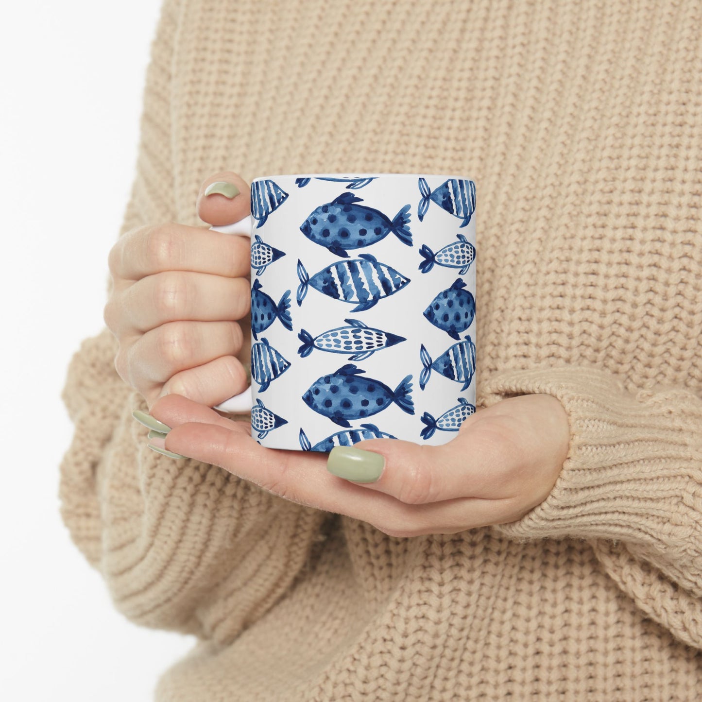 Blue Watercolor Fish Ceramic Mug — Nautical Ocean Pattern Coffee Cup (11oz, 15oz)