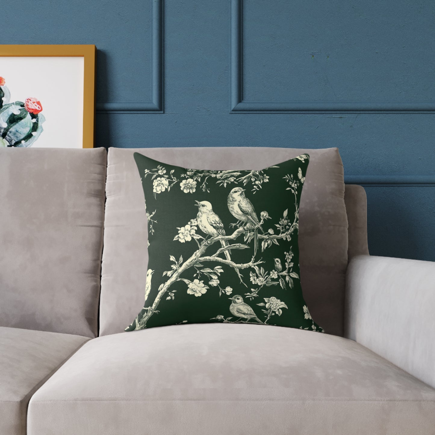 Botanical Bird Throw Pillow — Vintage Floral Branch Accent Cushion