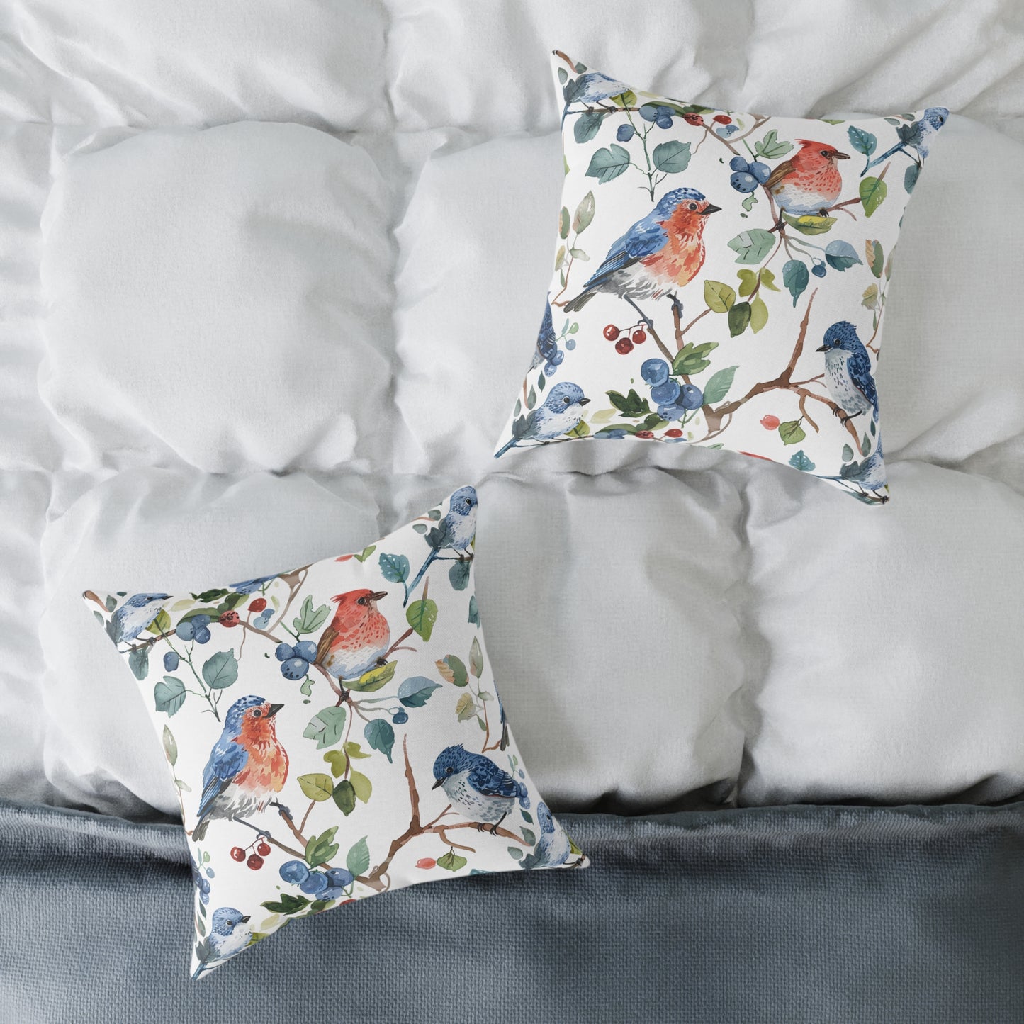 Bird Watercolor Pillow — Blue & Coral Songbirds on Branch Decorative Throw Pillow
