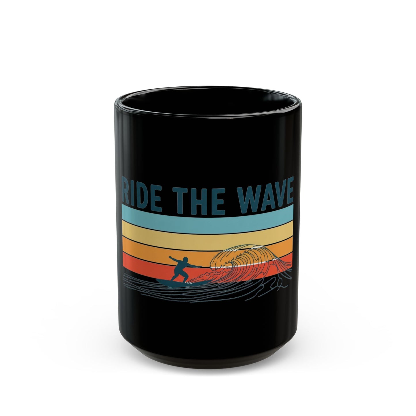 Ride the Wave Surf Retro Stripe Mug | Black Ceramic Coffee Cup