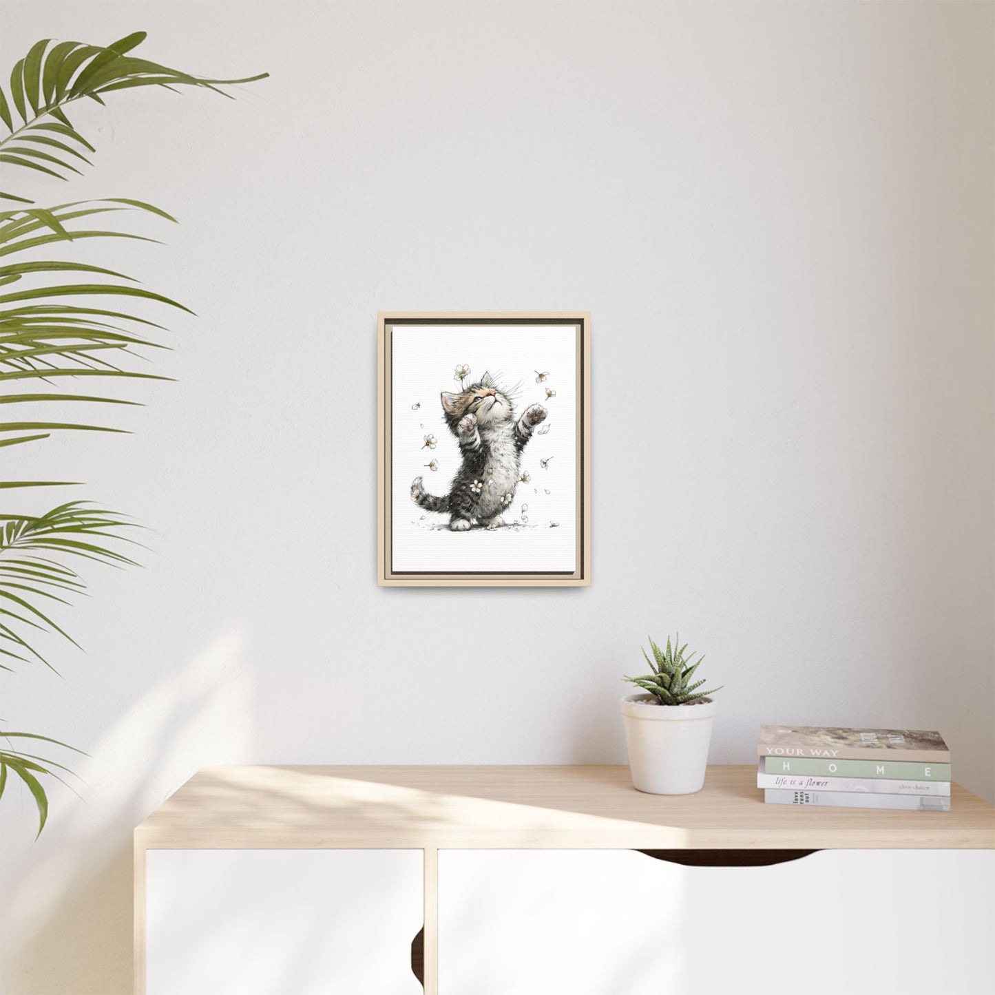 Playful Kitten with Dandelions Matte Canvas Framed Wall Art | Nursery Bedroom Decor