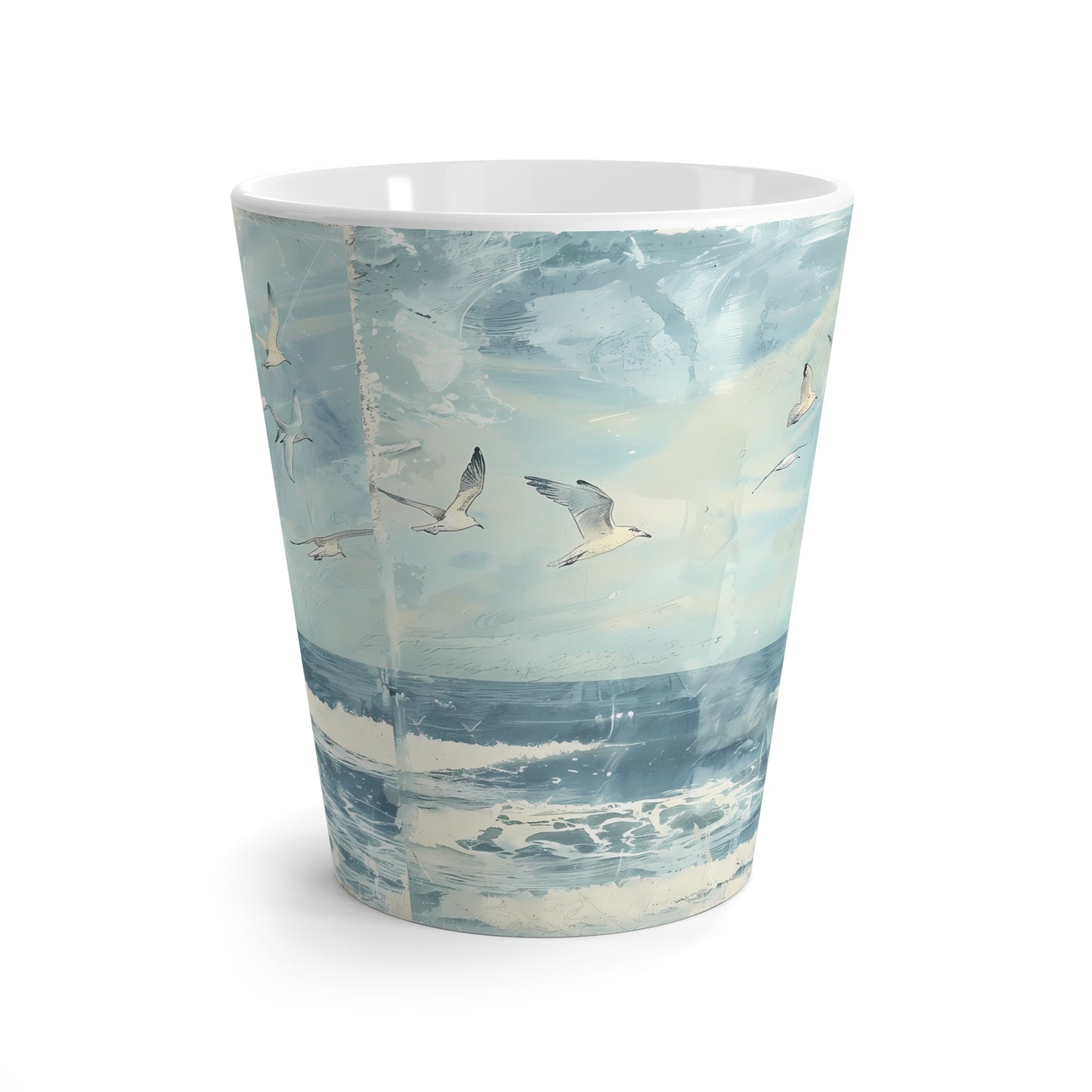 Seagulls Over Ocean Latte Mug | Coastal Waves Beach Scene, Blue Sky drinking cup