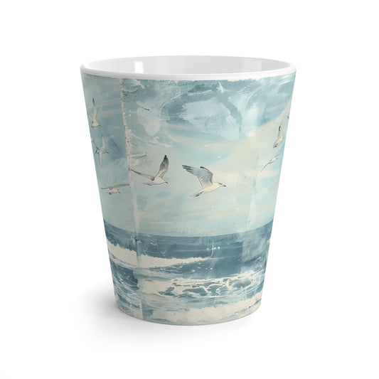 Seagulls Over Ocean Latte Mug | Coastal Waves Beach Scene, Blue Sky drinking cup