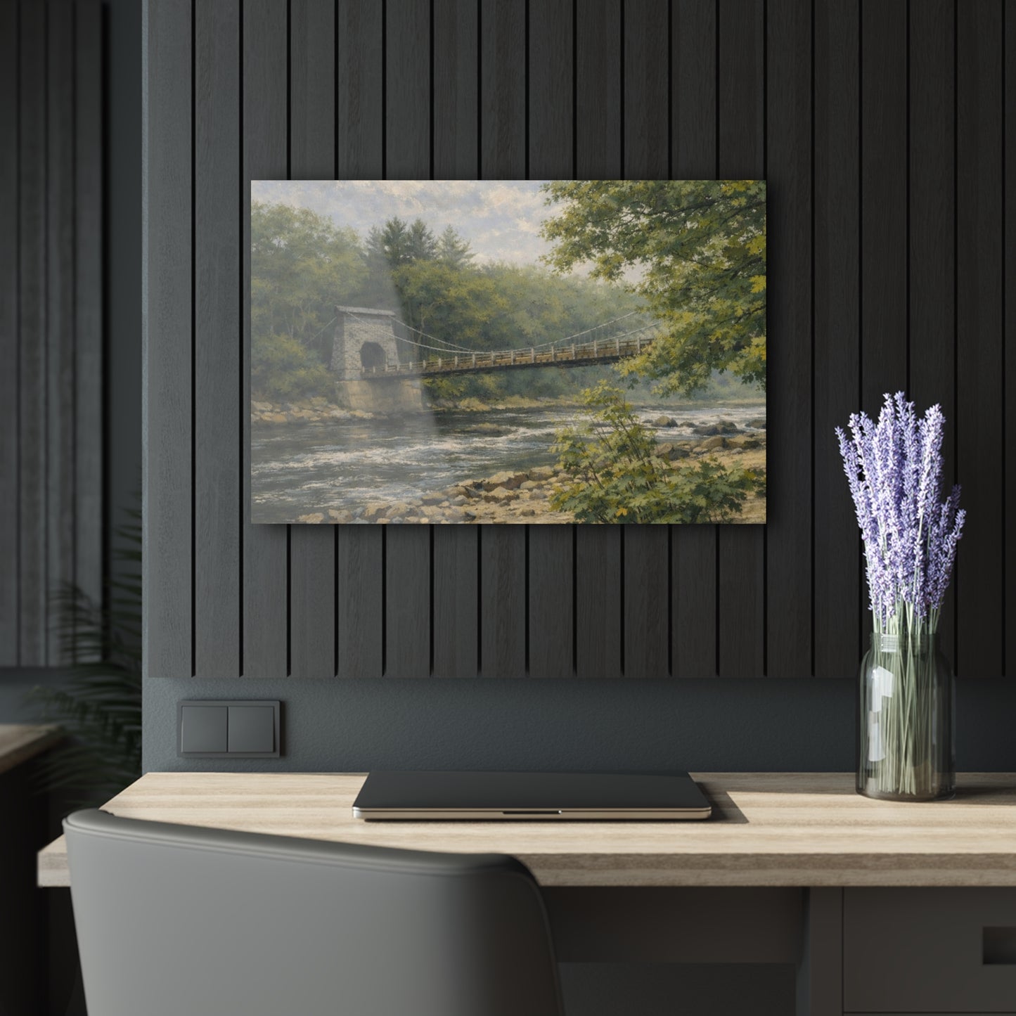 Misty Wire Bridge Acrylic Wall Art — New Portland Landscape (French Cleat Hanging)