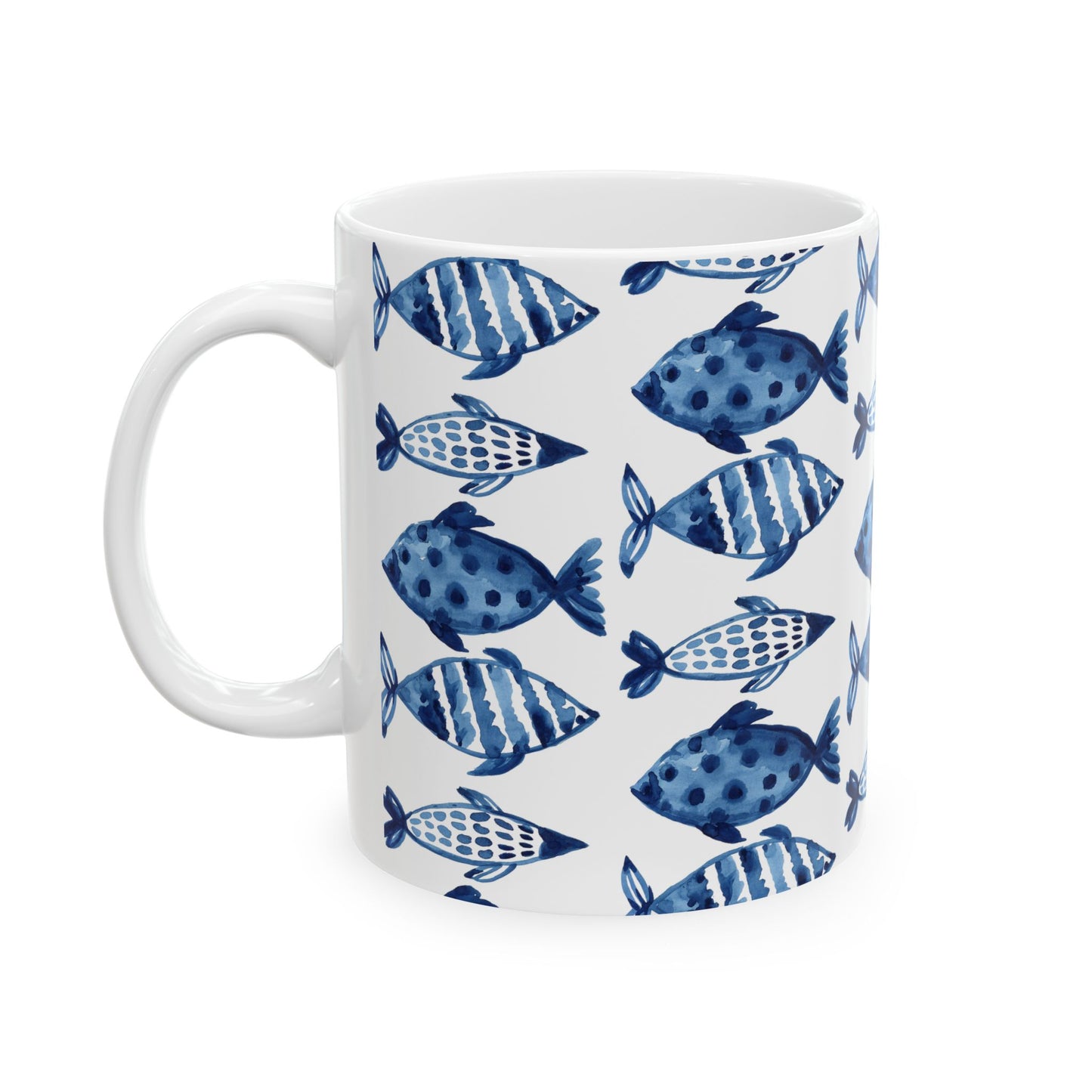 Blue Watercolor Fish Ceramic Mug — Nautical Ocean Pattern Coffee Cup (11oz, 15oz)
