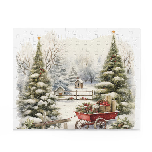 Christmas Winter Scene Puzzle — Wagon & Trees Holiday Jigsaw (120/252/500-Piece)