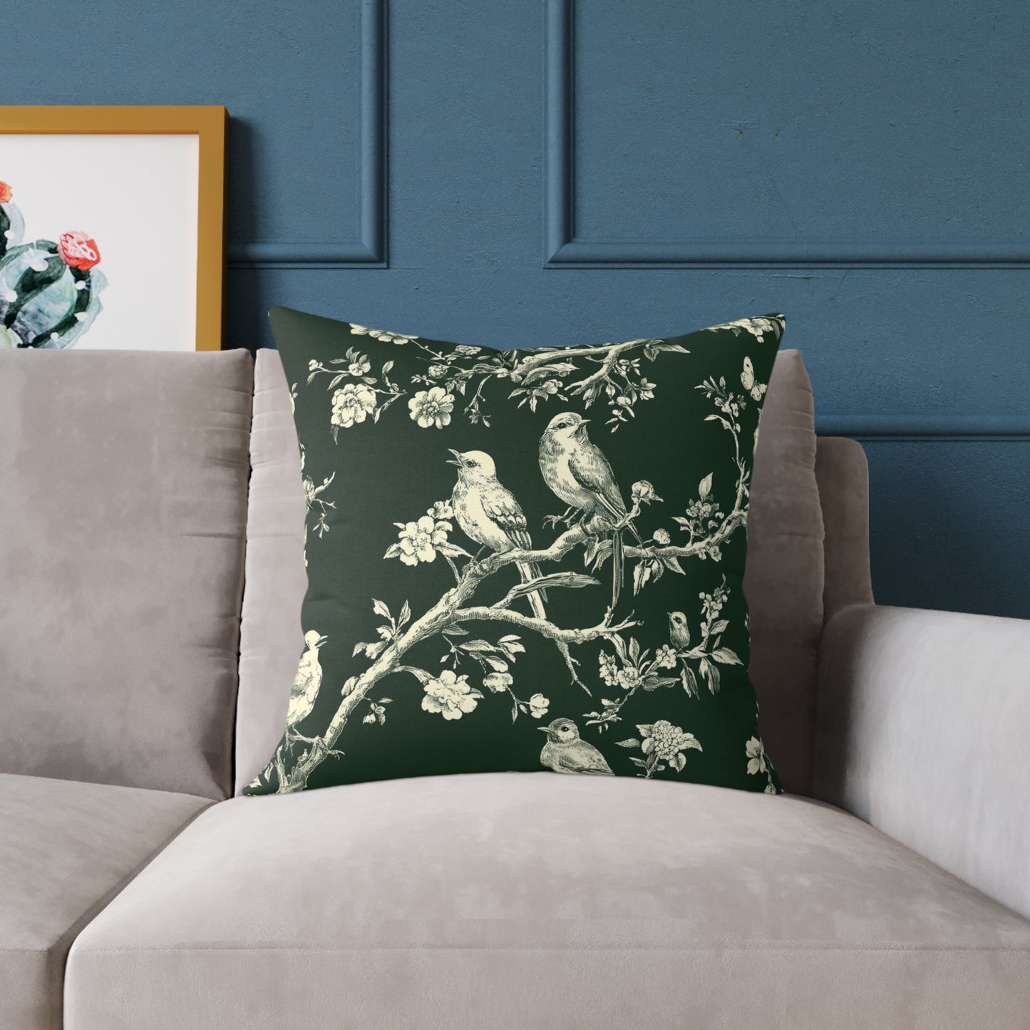 Botanical Bird Throw Pillow — Vintage Floral Branch Accent Cushion