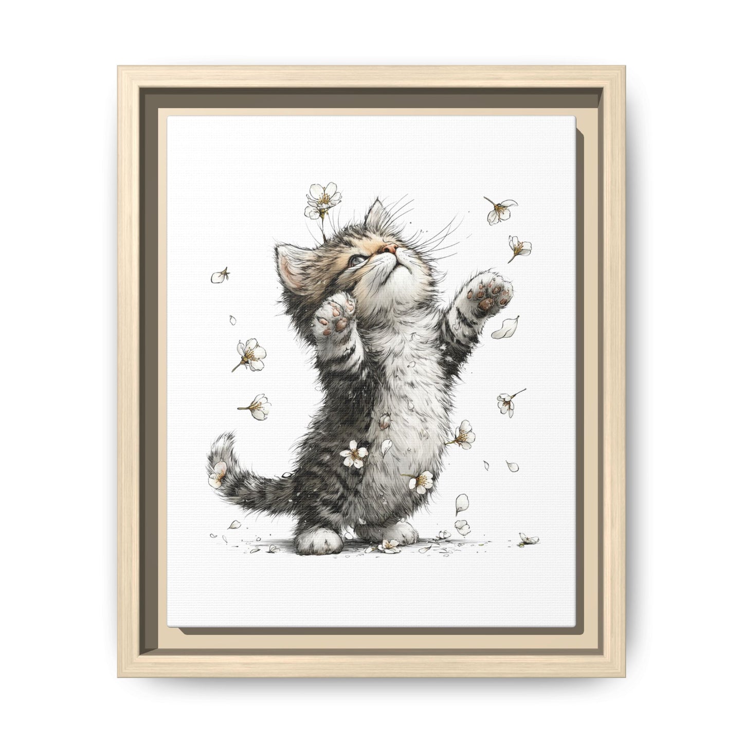 Playful Kitten with Dandelions Matte Canvas Framed Wall Art | Nursery Bedroom Decor