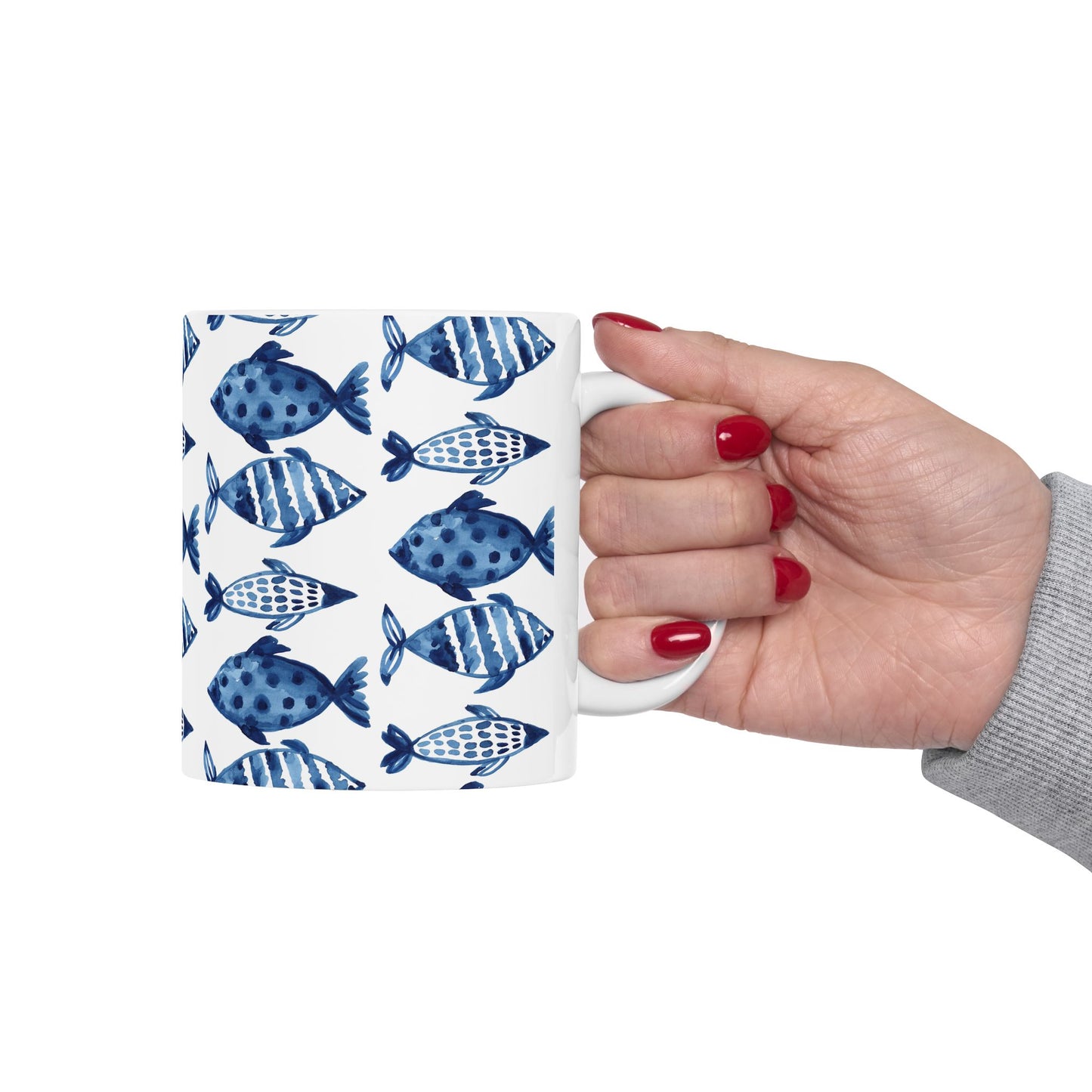 Blue Watercolor Fish Ceramic Mug — Nautical Ocean Pattern Coffee Cup (11oz, 15oz)
