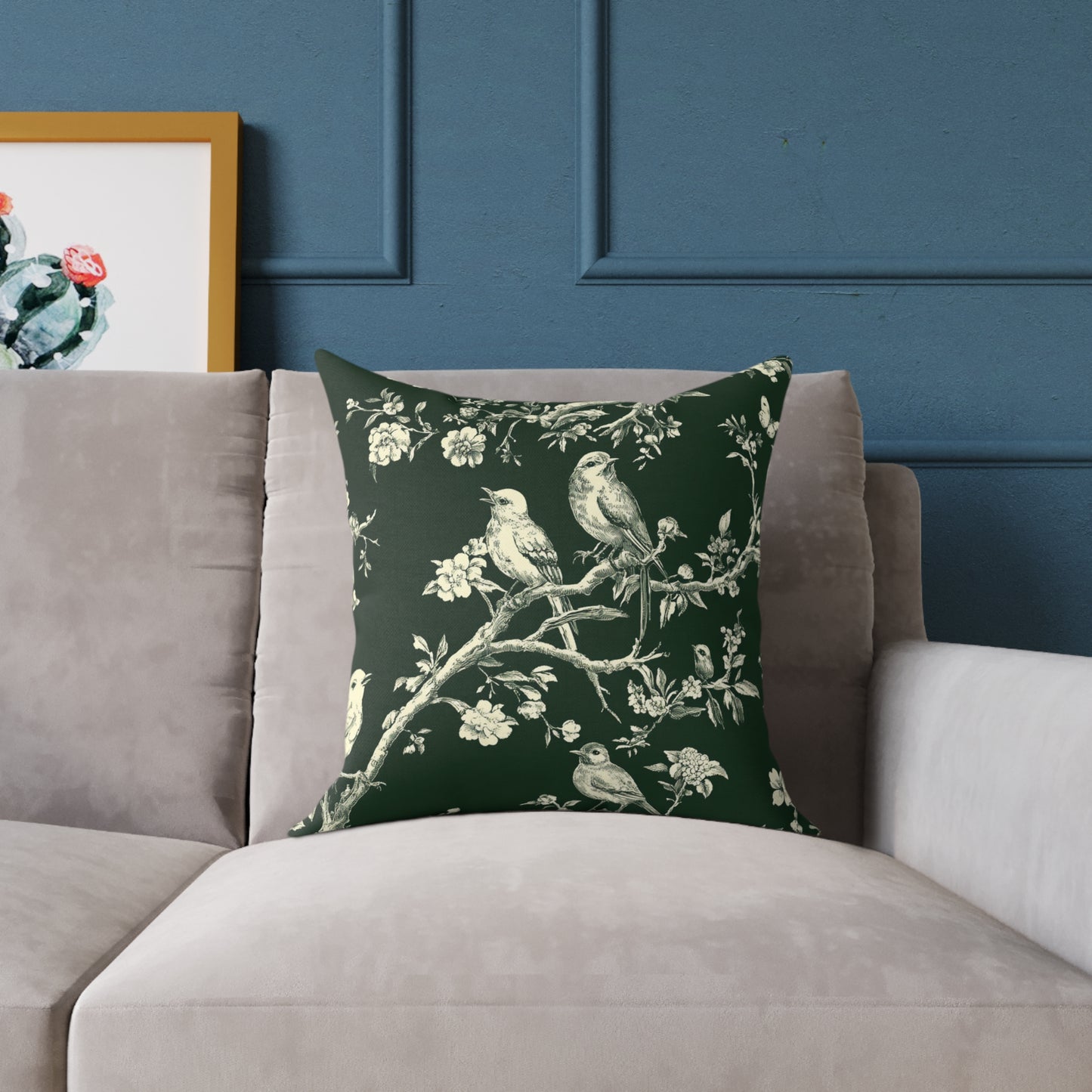 Botanical Bird Throw Pillow — Vintage Floral Branch Accent Cushion