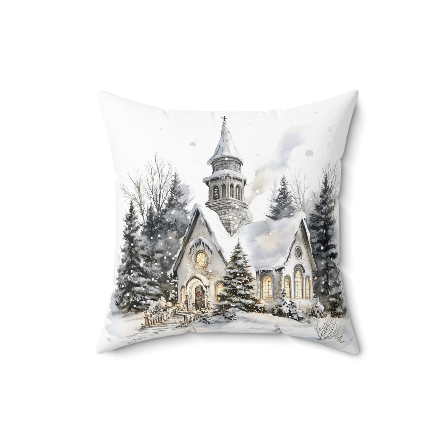 Winter Church Scene Spun Polyester Square Pillow — Cozy Holiday Throw Pillow