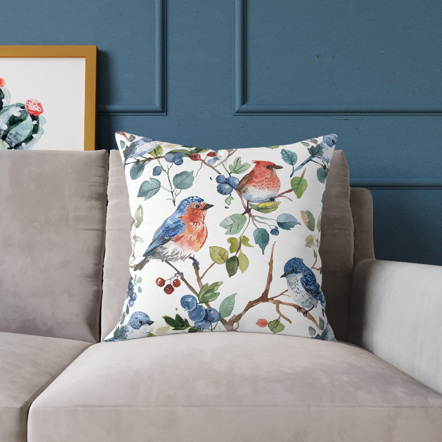 Bird Watercolor Pillow — Blue & Coral Songbirds on Branch Decorative Throw Pillow