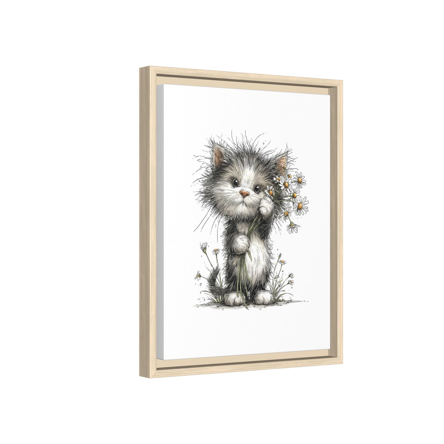 Playful Kitten with Dandelions Matte Canvas Framed Wall Art | Nursery Bedroom Decor