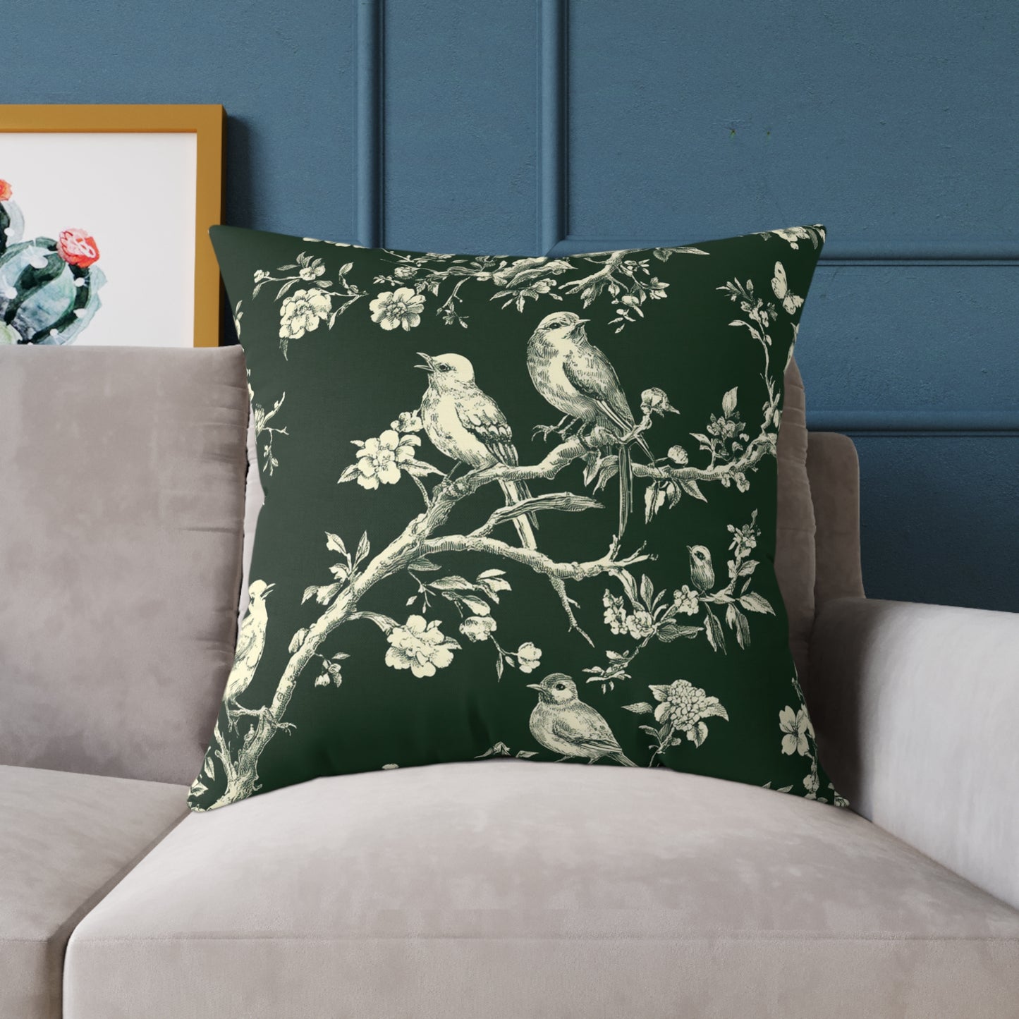 Botanical Bird Throw Pillow — Vintage Floral Branch Accent Cushion