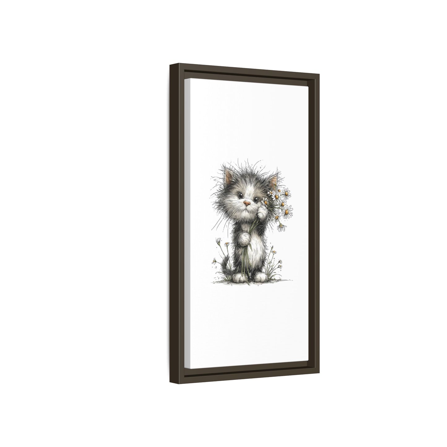 Playful Kitten with Dandelions Matte Canvas Framed Wall Art | Nursery Bedroom Decor