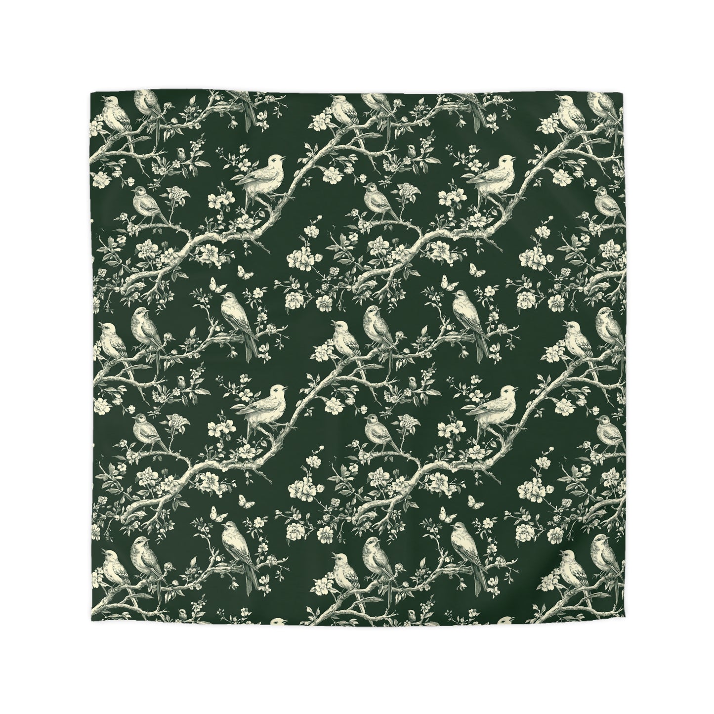 Botanical Bird Duvet Cover – Vintage Floral Toile Bedding in Forest Green