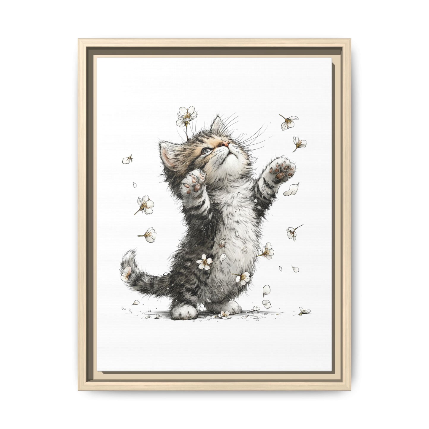 Playful Kitten with Dandelions Matte Canvas Framed Wall Art | Nursery Bedroom Decor