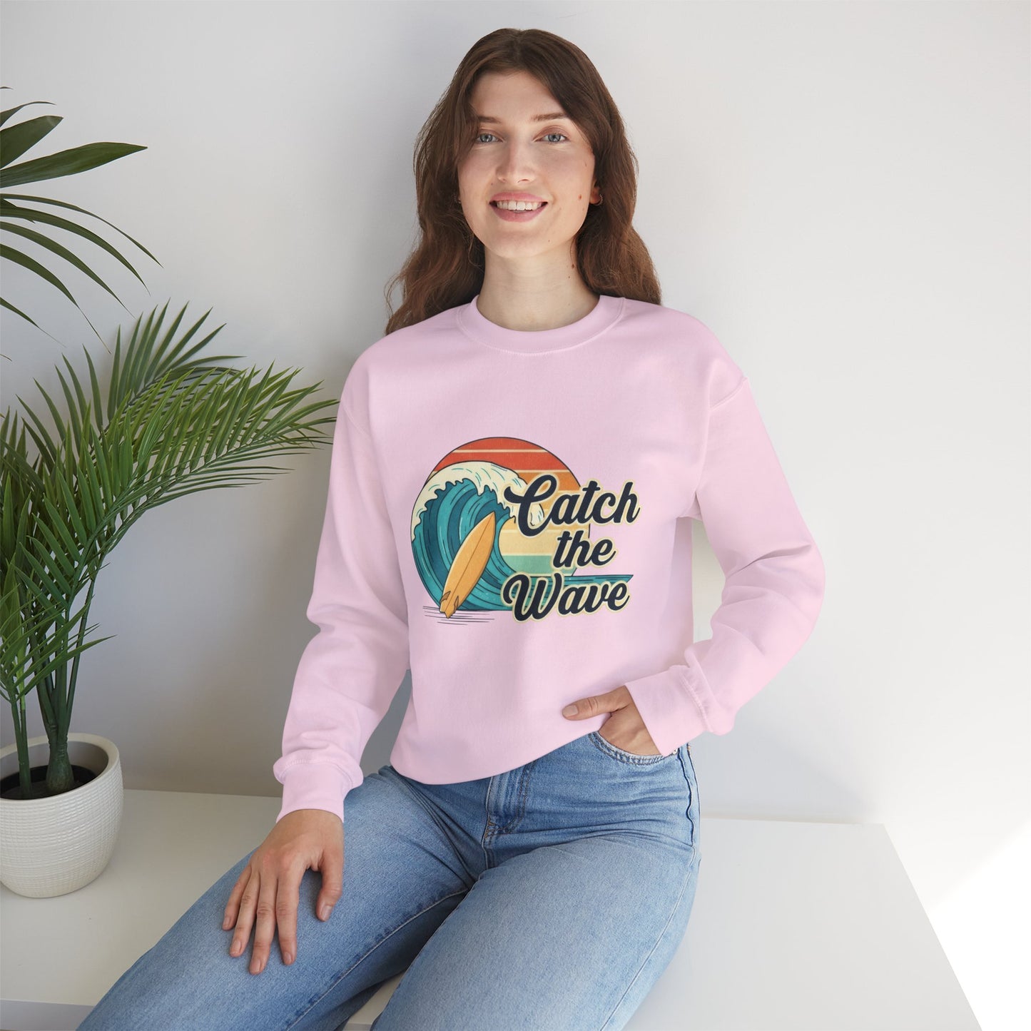 Catch the Wave Crewneck Sweatshirt — Retro Surf Graphic Pullover