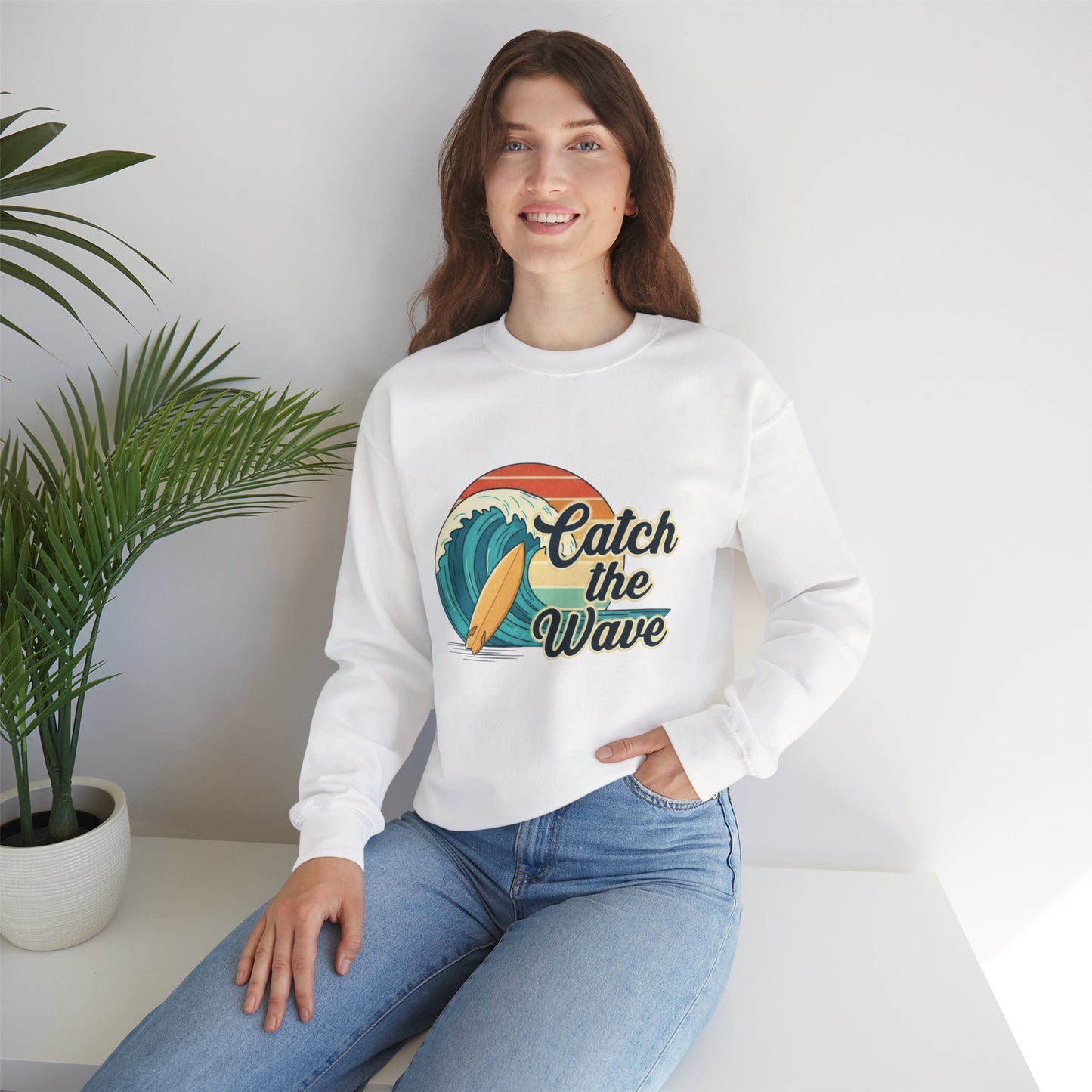 Catch the Wave Crewneck Sweatshirt — Retro Surf Graphic Pullover