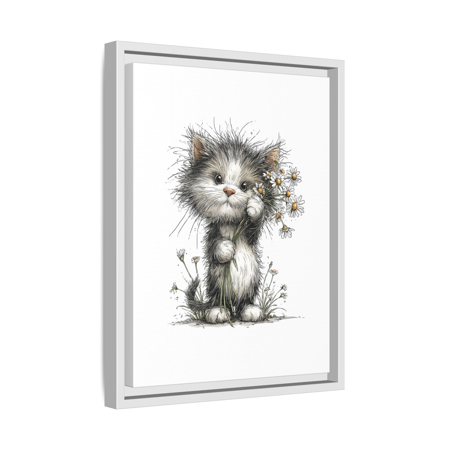 Playful Kitten with Dandelions Matte Canvas Framed Wall Art | Nursery Bedroom Decor