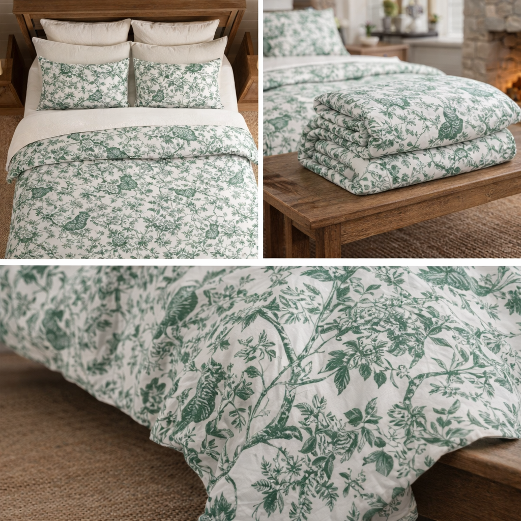 Botanical Bird Comforter - Green Toile Floral Pattern