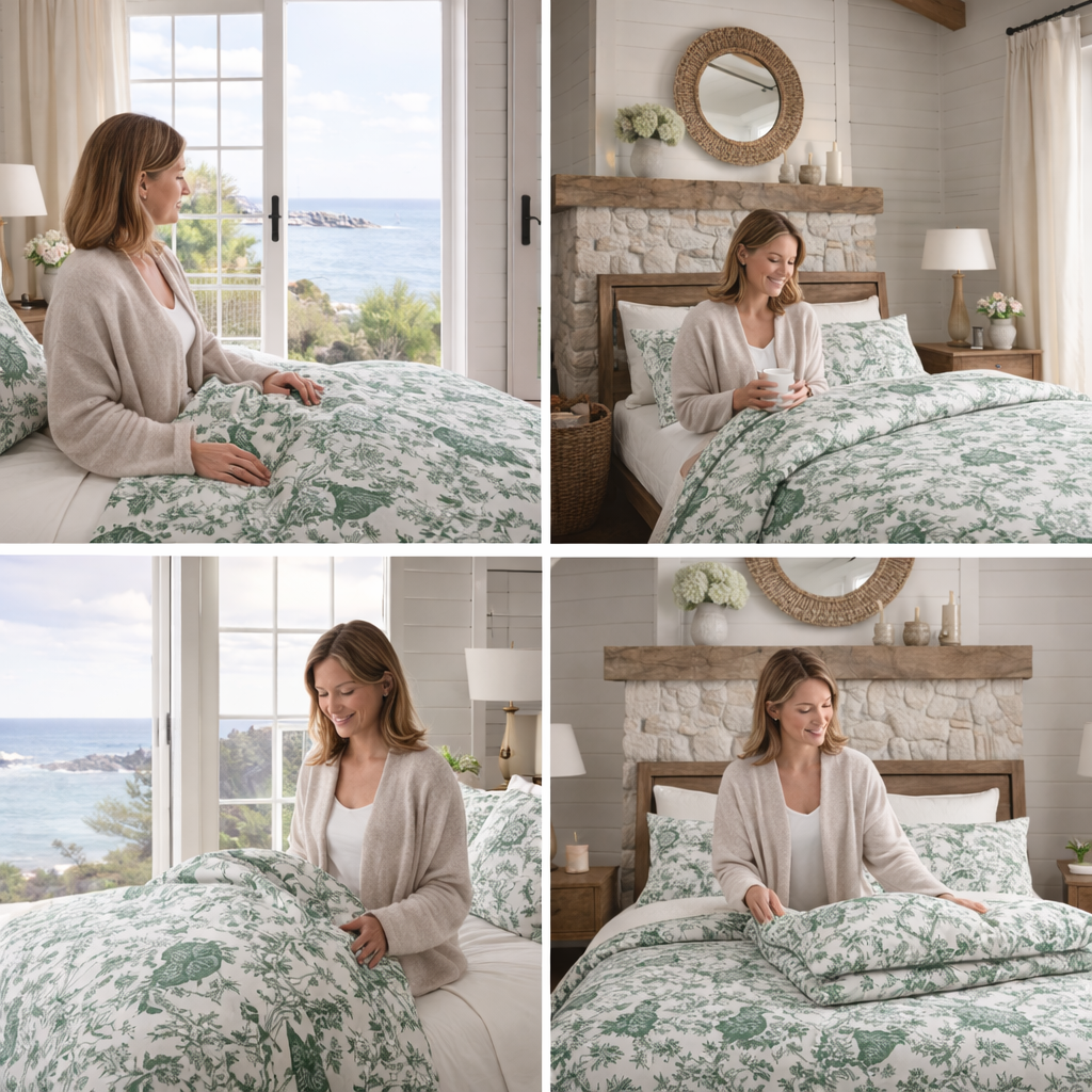Botanical Bird Comforter - Green Toile Floral Pattern