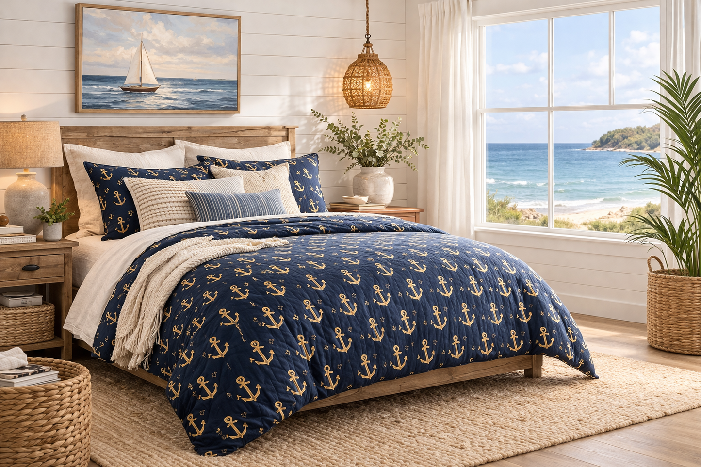 Navy & Gold Anchor Comforter — Nautical Anchor Pattern Bedspread