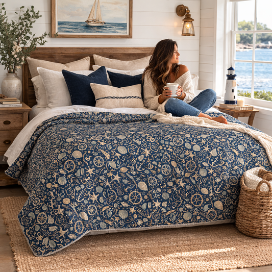 Navy Botanical Pattern Comforter — Coastal Floral Bedding