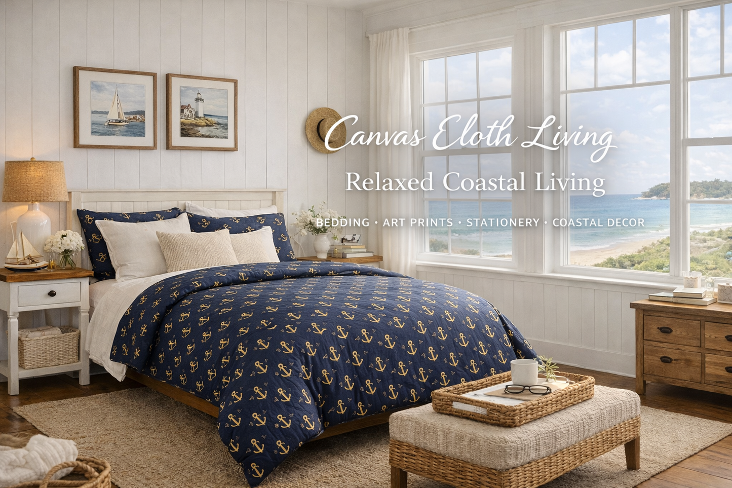 Navy & Gold Anchor Comforter — Nautical Anchor Pattern Bedspread