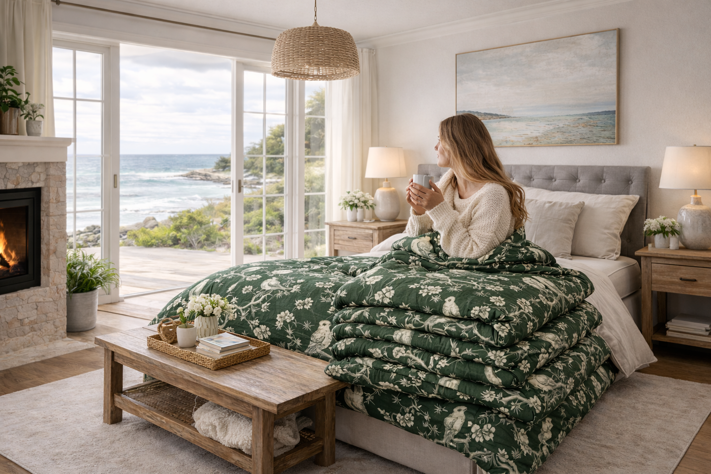 Botanical Bird Duvet Cover – Vintage Floral Toile Bedding in Forest Green