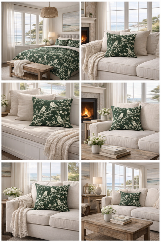 Botanical Bird Throw Pillow — Vintage Floral Branch Accent Cushion