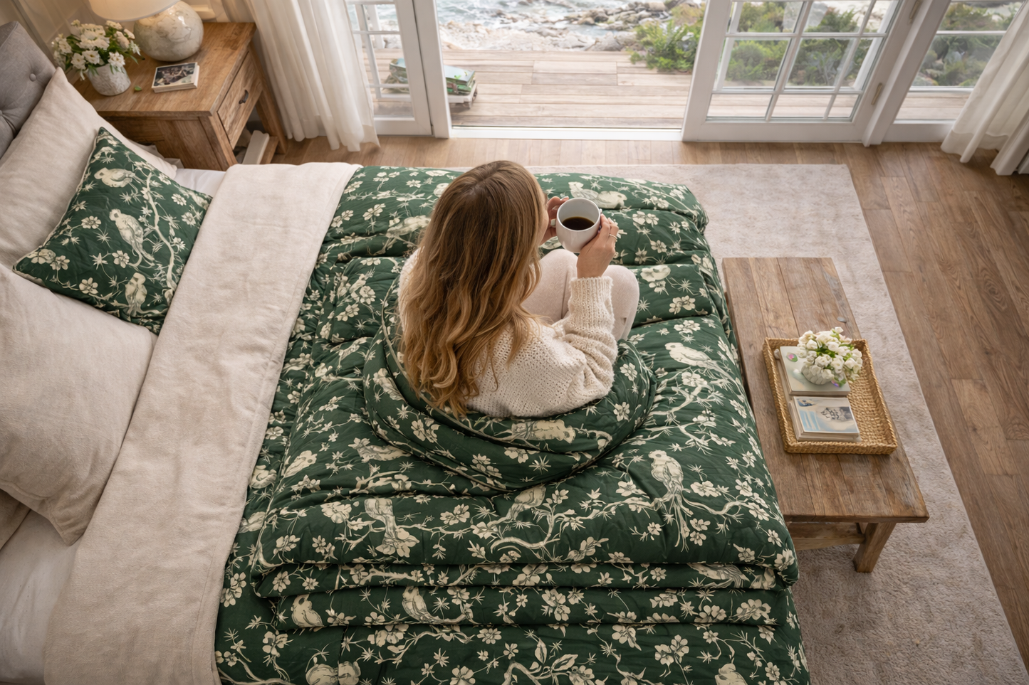 Botanical Bird Duvet Cover – Vintage Floral Toile Bedding in Forest Green