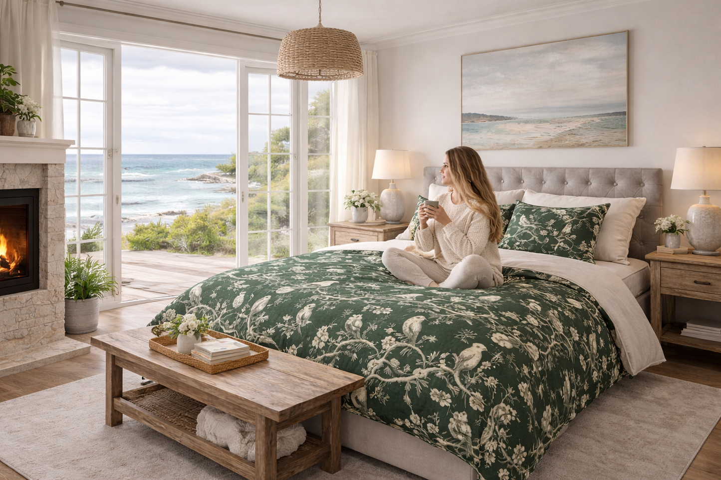 Botanical Bird Duvet Cover – Vintage Floral Toile Bedding in Forest Green