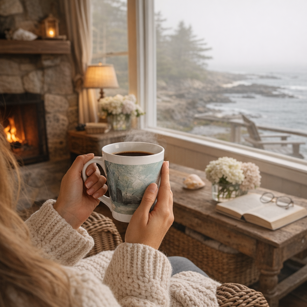 Latte Mug — Tranquil Blue Birch Forest Ceramic Latte Cup