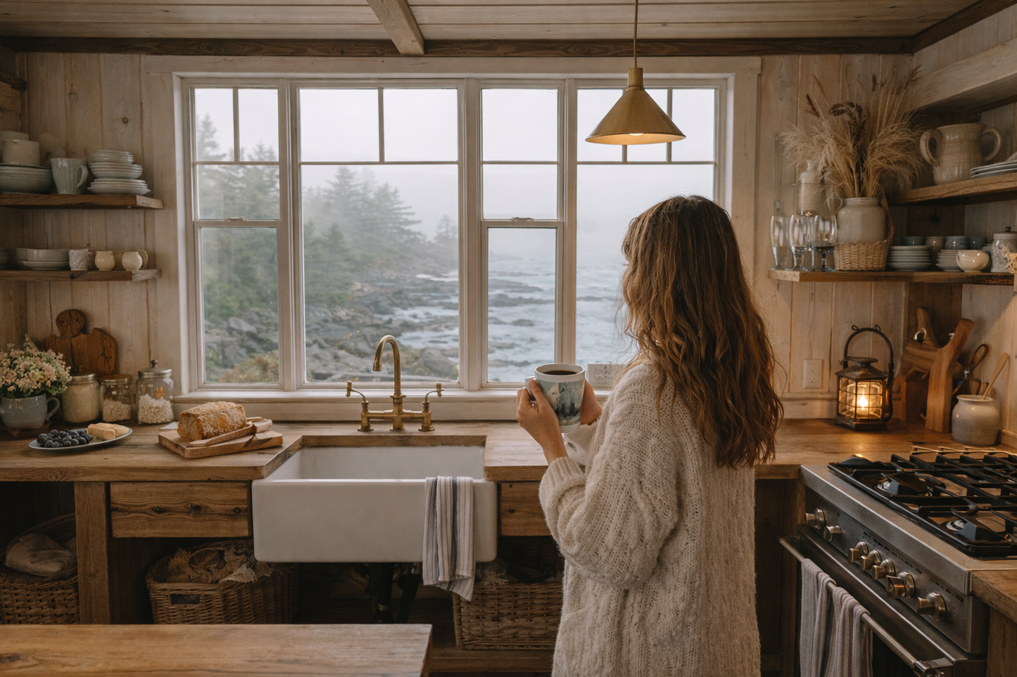 Latte Mug — Tranquil Blue Birch Forest Ceramic Latte Cup