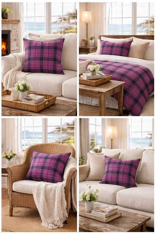 Purple Plaid Throw Pillow - Square Spun Polyester Decorative Cushion