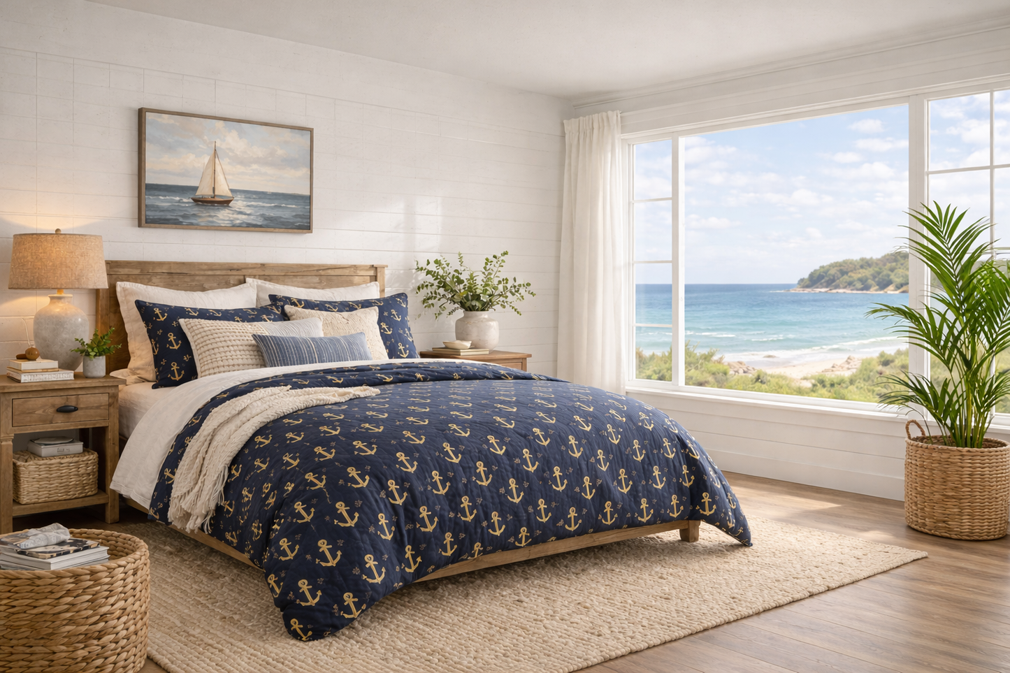 Navy & Gold Anchor Comforter — Nautical Anchor Pattern Bedspread
