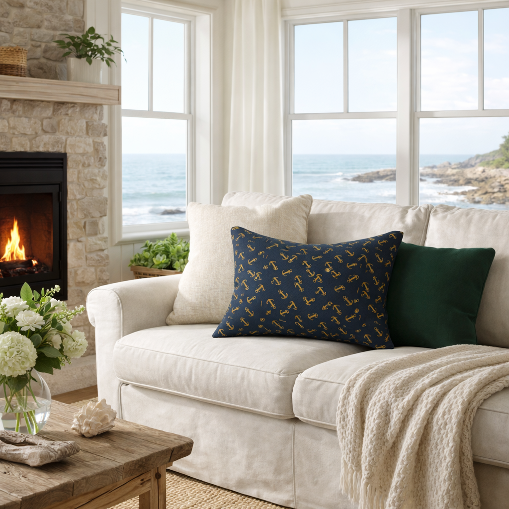 Navy Gold Anchor Lumbar Pillow – Nautical Decorative Throw Pillow