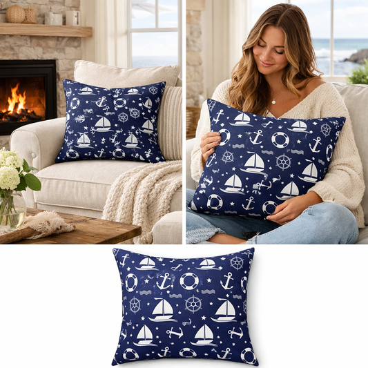 Nautical Sailboat Pattern Throw Pillow – Marine Anchor Lifesaver Decorative Cushion