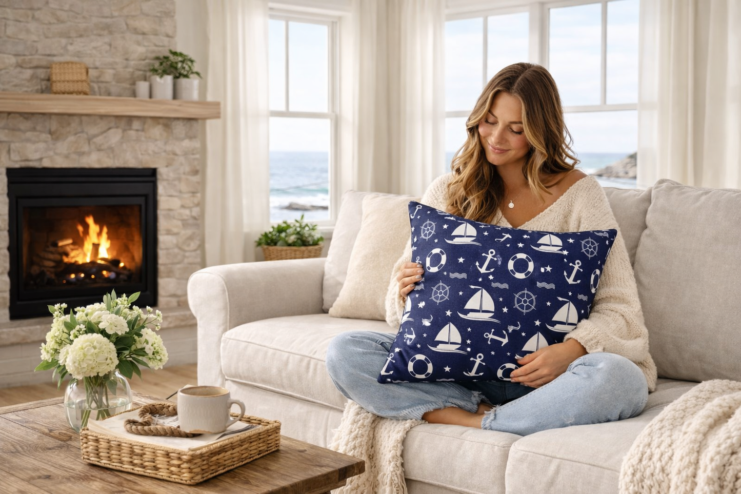 Nautical Sailboat Pattern Throw Pillow – Marine Anchor Lifesaver Decorative Cushion